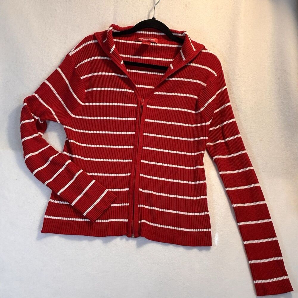 Vintage GLORIA VANDERBILT Red White Striped Sweater Full Zip Sailor Flap